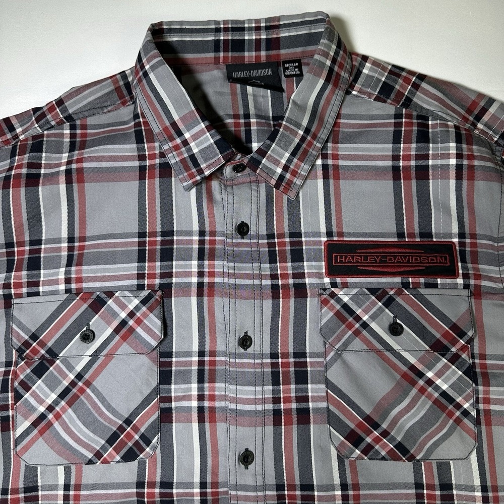 Harley Davidson Patch Short Sleeve Button Up Shirt Men's 3XL Red Black Plaid